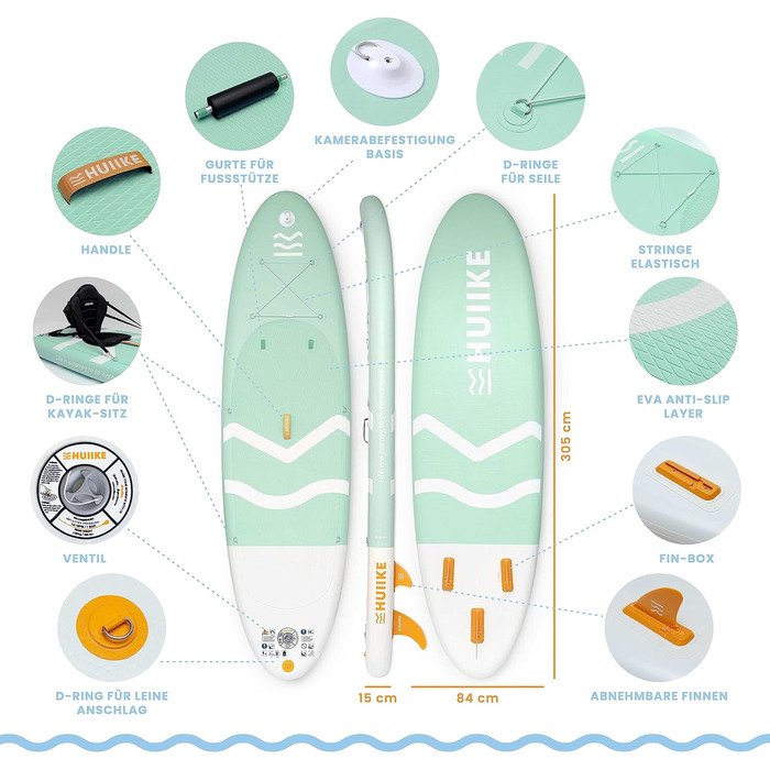 SUP-дошка HUIIKE з аксесуарами: весло, каяк-сидіння, стійка, зелена, для сапбордингу