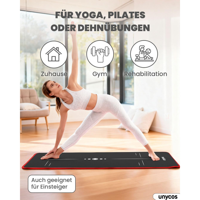 Килимок для йоги Unycos з неслизькою поверхнею | Висока щільність 6/10/15 мм, фітнес-килимок для гімнастики з ременем для перенесення【включено E-Book】Шкірно-дружній килимок для пілатесу, тренувань, спортзалу (#17 Чорний + Червоний, 183*66*1 см)