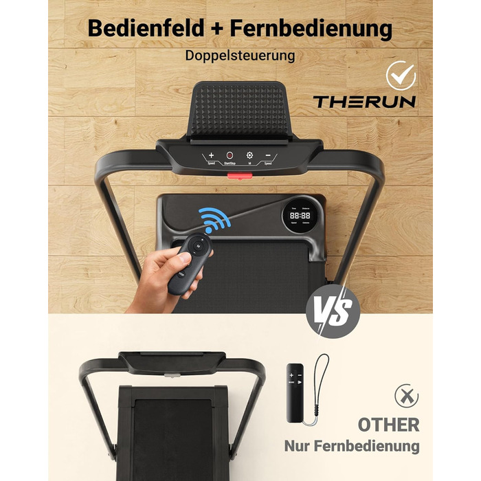 Бігова доріжка для дому складного типу THERUN з кутом нахилу 10%, швидкість до 10 км/год, чорна - ідеальна для використання під столом