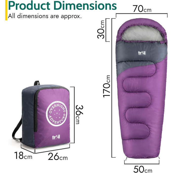Дитячий спальний мішок Trail Mumienschlafsack 3 сезони для кемпінгу – 300gsm – для хлопчиків та дівчаток – з легким рюкзаком (фіолетовий)