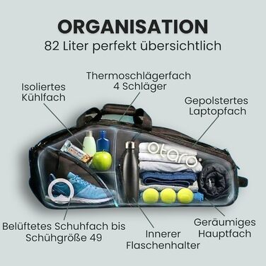 Сумка для тенісу Otaro Tennistasche 82L: Термосумка для 4 ракеток, відділення для взуття, охолоджувальний відсік, відділ для ноутбука. Водовідштовхувальна, чорно-синя