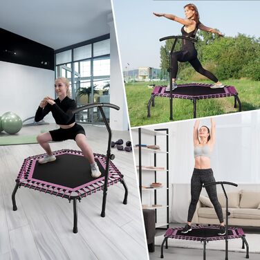 Міні-батут для дорослих, 121,9 см, батут для фітнесу, домашній та вуличний, з T-поручнем (рожевий)