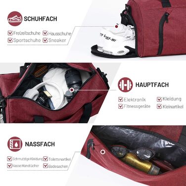 Спортивна сумка 25L для жінок та чоловіків з відділенням для взуття та мокрих речей, водонепроникна, для подорожей, спортзалу, плавання, червона