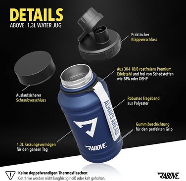 Пляшка для води з нержавіючої сталі 1.3 л або 2.2 л ABOVE, BPA-free, герметична, міцна, спортивна металева фляга для фітнесу та активного відпочинку, синьо-біла, не термос