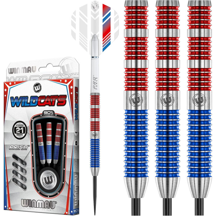 Дротики WINMAU Wildcats 90% вольфраму, 21 г, з крилами та стрижнями, призматична технологія