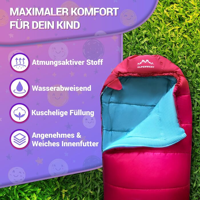 Дитячий спальний мішок Alpenwert® для літа – росте разом з дитиною! [130–170см] – Вага 920г, компактний [32×19см] – Ідеально для кемпінгу, фестивалів, відпочинку на природі – спальний мішок-кокон для дітей від 6 років, рожевий/світло-блакитний