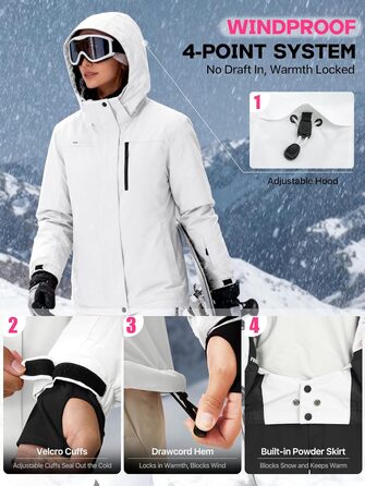 Жіноча водонепроникна куртка для сноубордингу та лижного спорту FREE SOLDIER з флісовою підкладкою, тепла зимова куртка з капюшоном, повністю проклеєні шви (XXL, Білий/Ошатний сад)