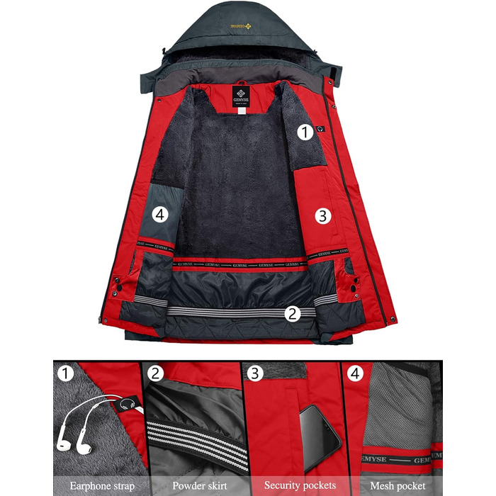 Чоловіча зимова куртка GEMYSE для катання на лижах, тепла, вітронепроникна, водонепроникна, дихаюча, з багатою кишенями, червоно-сіра, розмір M