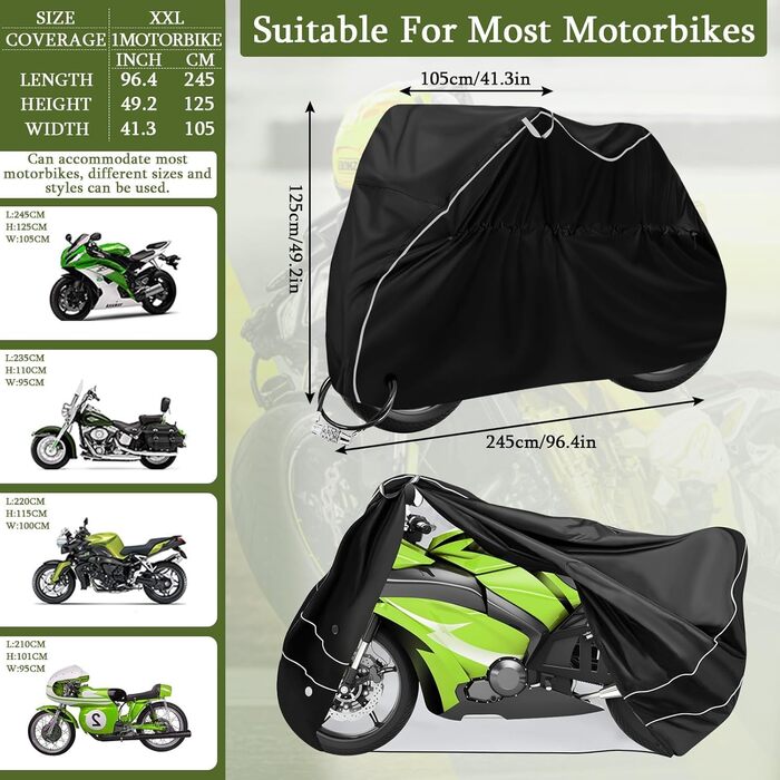 Водонепроникна захисна накидка для мотоцикла Motorrad, 210D, UV-захист, зимова, 245 x 105 x 125 см