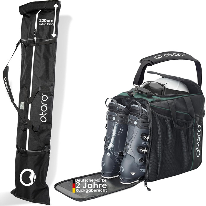Набір для перевезення лиж та черевиків Otaro: містка сумка для 1-2 пар лиж (до 205 см) та сумка для черевиків, водонепроникна, міцна, з регульованою довжиною та м'яким плечовим ременем, зелена