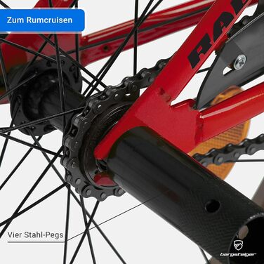 Дитячий велосипед BMX Bergsteiger Monaco 20 дюймів, фрістайл, для дітей 6-9 років, 4 сталеві пеги, захист ланцюга, вільний хід, червоний