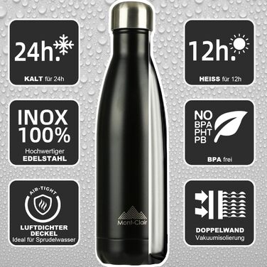 Термопляшка Mont-Clair 500 мл з нержавіючої сталі - чорна, з подвійними стінками, BPA-free, витримує 24 години холод та 12 годин тепла, без витоку