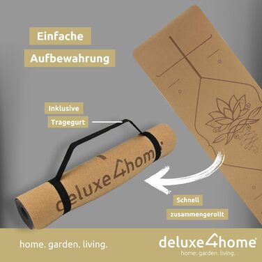 Йога мат Kork Deluxe4home® з TPE: антиковзка фітнес-тренувальна килимок для йоги та пілатесу з ручкою, з розміткою, чорний