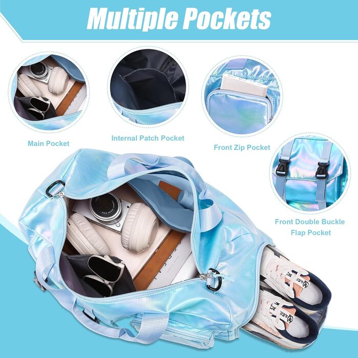 Спортивна сумка Tokeya для жінок з відділенням для взуття та мокрих речей, водонепроникна, блискуча, легка, складна, сумка-мішок для спорту, фітнесу, тренувань, подорожей (Блакитна)