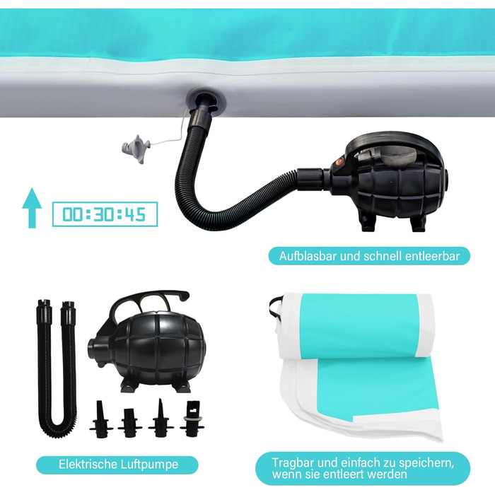 AKSPORT Килимок для гімнастики та акробатики з повітряною подушкою, 3/4/5/6 м, 10/20 см заввишки, 300x100x10 см, м'ятно-зелений