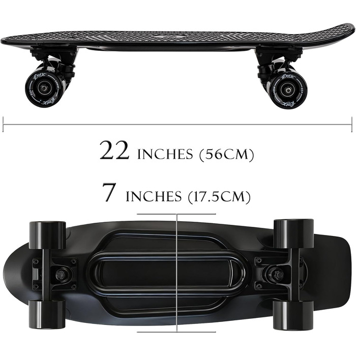 Скейтборд KMX Classic Mini Cruiser 22/27 дюймів для дітей, підлітків та дорослих. Алюмінієві осі, підшипники ABEC-9, колеса 60мм (Чорний)