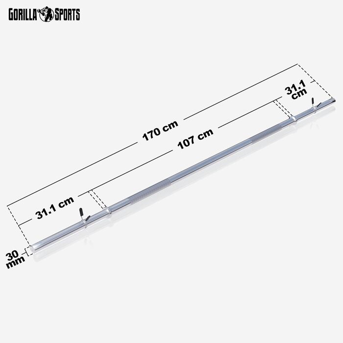 Штанга GORILLA SPORTS® хромована, Ø 30 мм, довжина 120/150/170 см, з 2 пружинними замками, навантаження до 200 кг – олімпійська штанга для тренувань