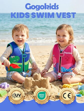 Дитячий жилет для плавання Gogokids 15-30 кг, для навчання плаванню, для малюків, неон, неопрен, регульований, 1-8 років (Зелений динозавр, L (5-8 років))