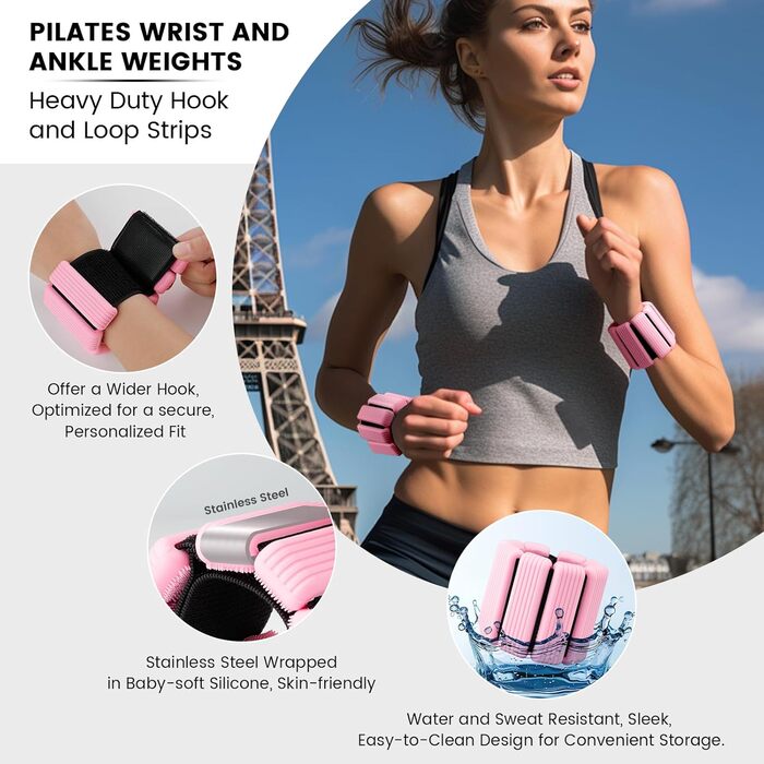 Ваги для ніг та рук, регульовані | Комплект 2 шт (1 кг пара, 0,5 кг кожний) | Силіконові ваги на зап'ястя для жінок | Йога, Пілатес, танець, балет, біг, плавання, кардіо (Рожевий)