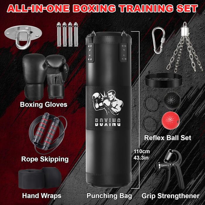 Боксерський мішок Qoosea для дорослих, 4 фути, 17oz, з рукавичками та підвісом, для кікбоксингу, карате, MMA, тренувань