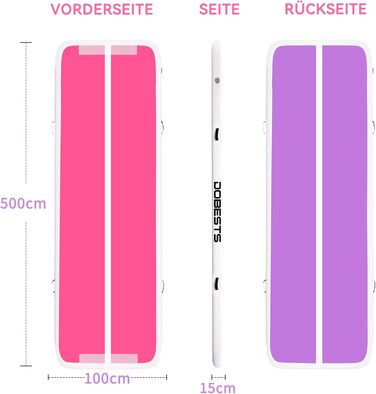 DOBESTS Airtrack Matte - Килимок для гімнастики та фітнесу з повітряною подушкою (500x100x15 см, Рожевий та Фіолетовий)