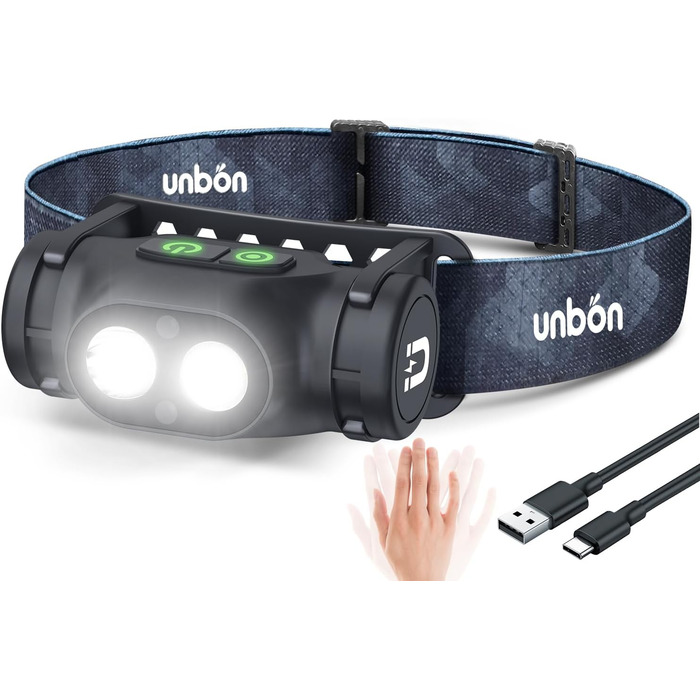 UNBON Налобний ліхтар LED, перезарядна кофлампа з USB-C, 3 режими, датчик, водонепроникність IPX4, для піших прогулянок, риболовлі