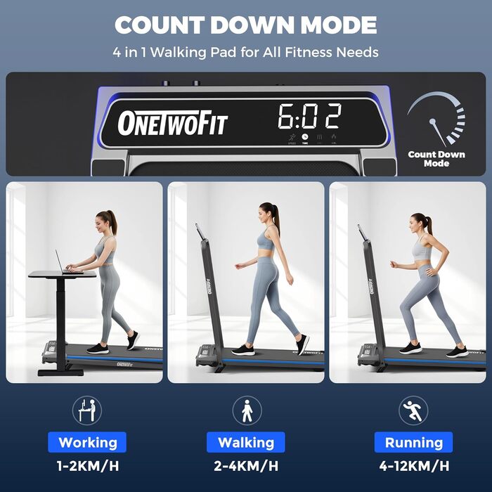 ONETWOFIT Ходункова доріжка, біговий тренажер для дому з ручками, регульований нахил, керування з пульта та через додаток, 2.5HP, складаний, 12km/h