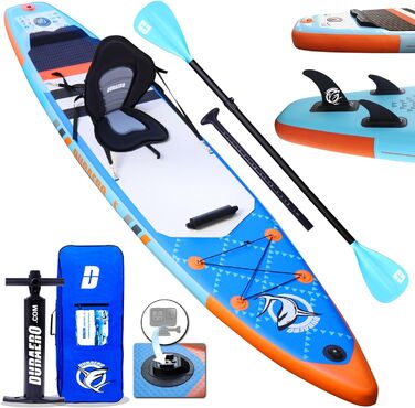 Надувна SUP-дошка для сапбордингу 330x76x15 см з комплектом: каяк-сидінням, кріпленням для камери, інтегрованим кікпадом, 3 плавниками, регульованим двостороннім веслом, повним набором аксесуарів, вантажопідйомністю до 150 кг