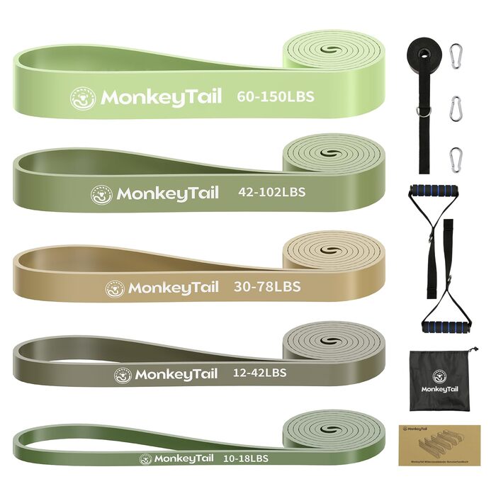 Набір гумових еспандерів MonkeyTail (5 рівнів опору) для фітнесу, йоги та силових тренувань + анкер для дверей + сумка для зберігання, унісекс, зелений