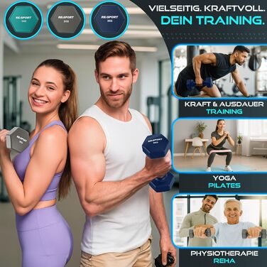 Набір гантелей RE:SPORT® 3 пари (1-5 кг, 12 кг або 18 кг) зі стійкою + 3 фітнес-гумки | Нековзкі гантелі з неопрену для жінок та чоловіків | Набір гантелей 12 кг, блакитний/сірий/темно-синій