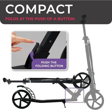 Lascoota Роликовий самокат для дітей від 8 років - для дорослих, складний, з регулюванням висоти, амортизація спереду + ремінь на плече, колеса 20 см, самокат для підлітків (фіолетовий)