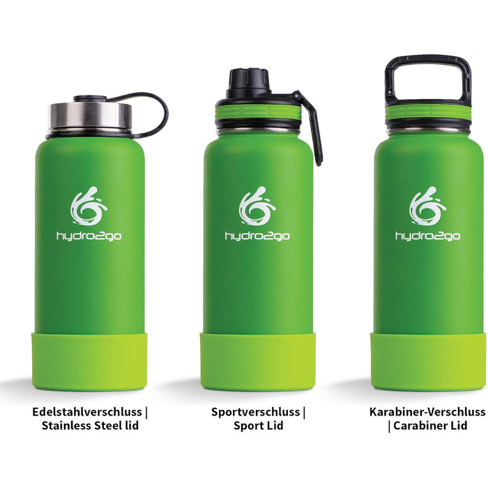 Гідрофляга hydro2go X-AlpsBottle 1 л, нержавіюча сталь, термос, вакуумна ізоляція, 3 кришки, для спорту та туризму, лаймова