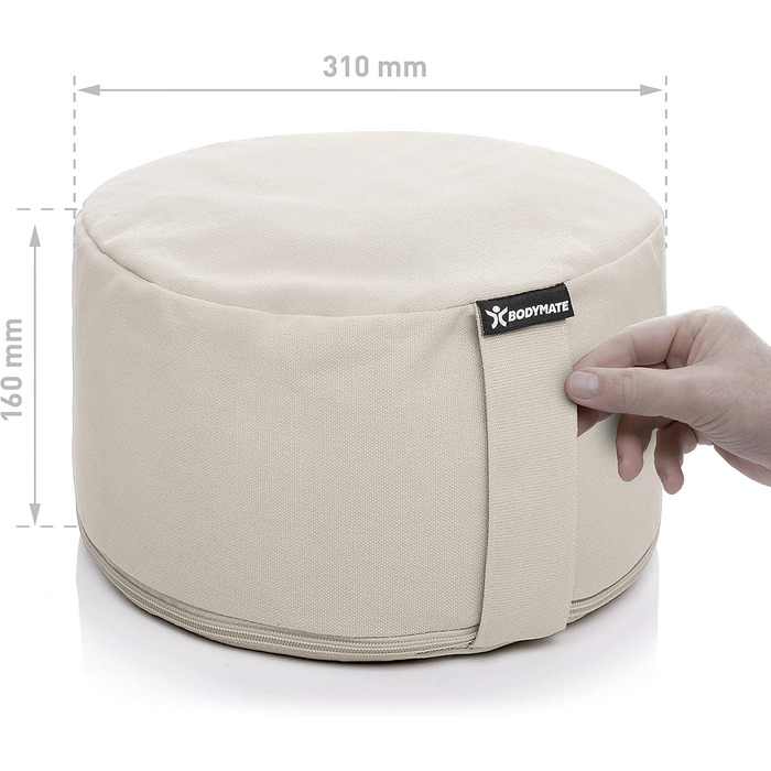 Подушка для йоги та медитації BODYMATE кругла 31 см, бежева - з гречаним лушпинням, бавовняний чохол, 16 см