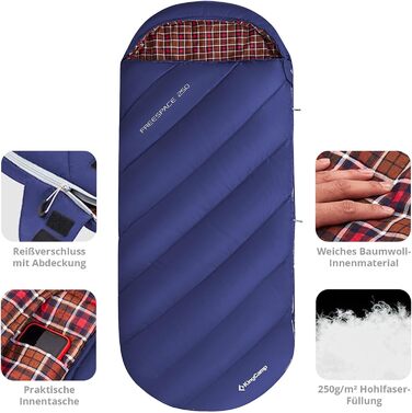 Сплячий мішок KingCamp Freespace 250 Winter -8°C, широкий, з бавовни, блакитний