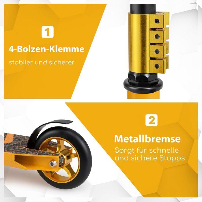 COSTWAY Стантер скутер з 360° поворотом, колеса 110 мм PU, підшипники ABEC-7, алюмінієва дека, вантажопідйомність 100 кг, для дітей від 10 років, жовтий