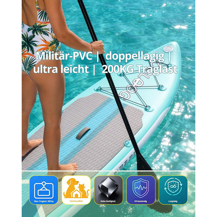 SUP дошка Premium Allround для початківців та досвідчених, з сидінням, до 200 кг, 320x81x15 см, м'ятно-бірюзово-біла + тримач для камери