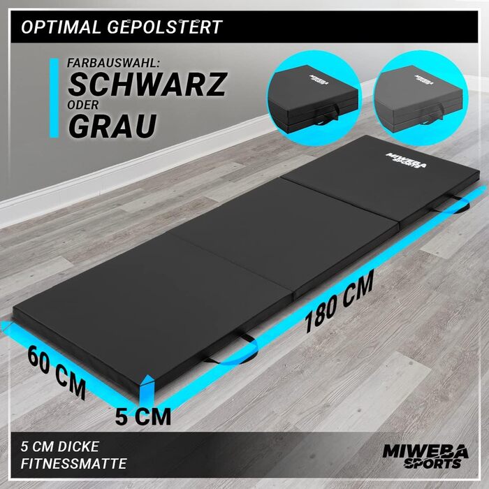 Складаний спортивний гімнастичний мат Miweba GM100 180x60x5 см, нековзкий, для фітнесу, йоги та тренувань, чорний