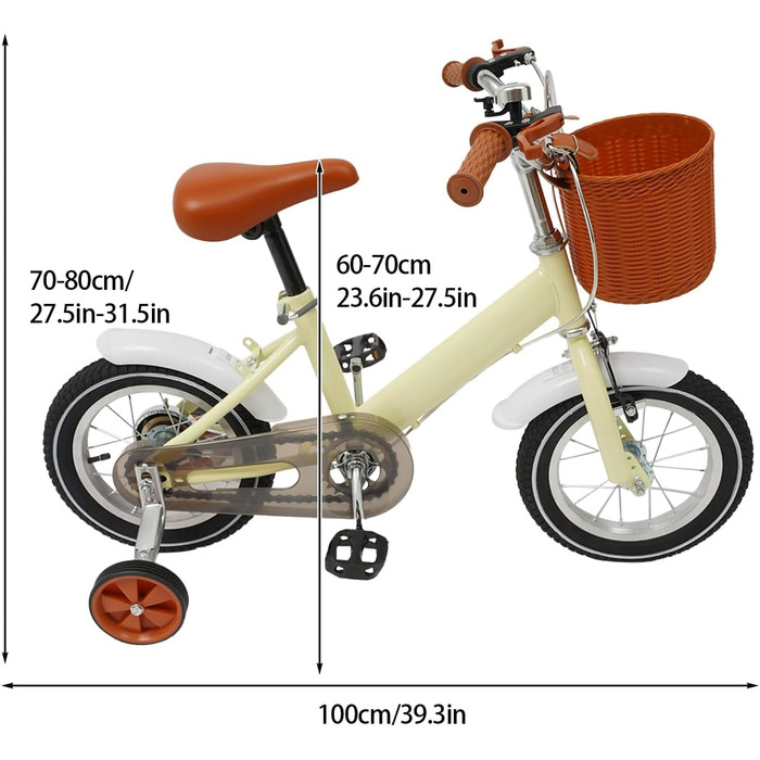 Дитячий велосипед 12 дюймів для дітей 2-4 років з кошиком та додатковими колесами, регульоване сидіння та кермо, подвійний режим гальма (жовтий)
