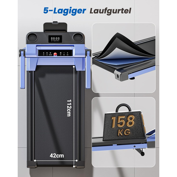 Складне бігове полотно для дому Klappbar 16 km/h, Walking Pad Foldable з нахилом 6%, бігове полотно 158 KG велика площа бігу 112 * 42cm, бігове полотно тихе для дому та офісу (Синьо-Чорний)