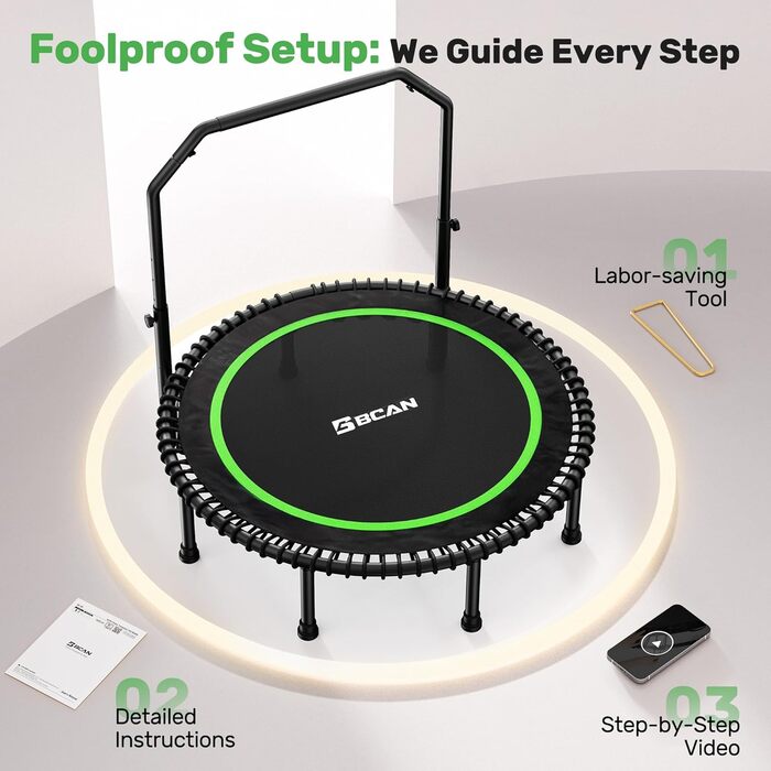 Трамплін для дорослих BCAN Rebounder 122 см, до 250 кг, з регульованою ручкою, для дому та вулиці, тренування всього тіла, зелений