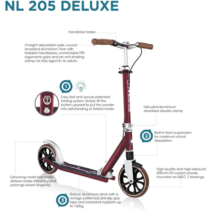 Самокат GLOBBER NL 205 Deluxe, 205 мм, ABEC 7, ручне гальмо, регульований, амортизація, складаний, чорний