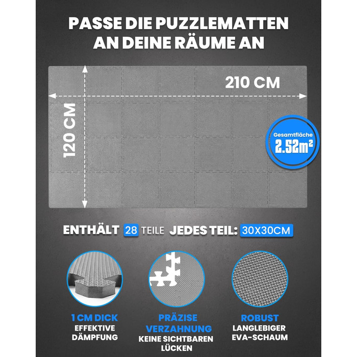 Набір пазл-матів для підлоги unycos (12/20/28 шт), захисні протиковзкі килимки для тренажерного залу та спортивного обладнання, водонепроникний килимок для йоги та гімнастики, сірий, 30x30x1 см