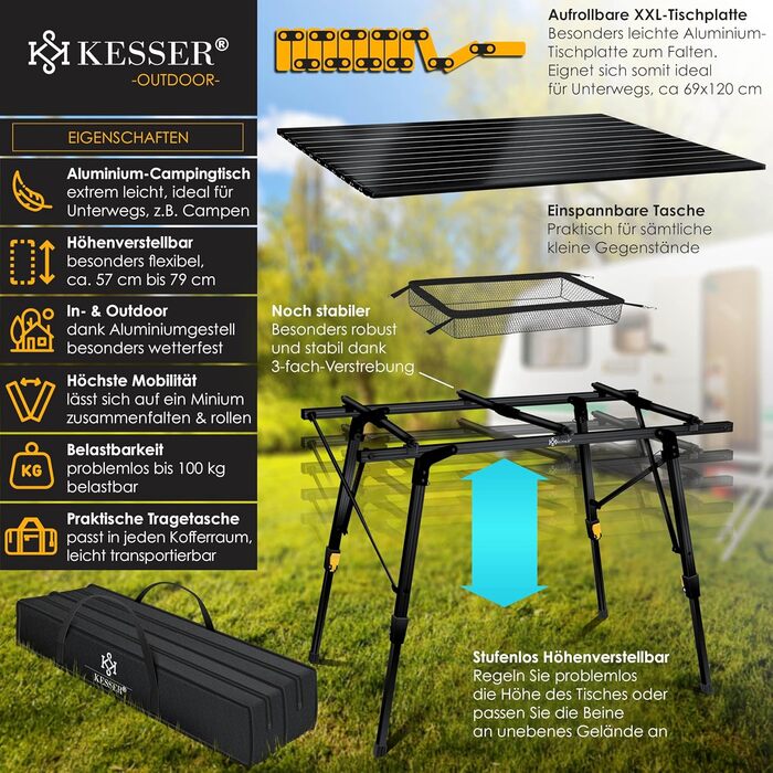 Стол для кемпінгу KESSER® розкладний, з алюмінієвим каркасом, регулювання висоти, 120x70 см, до 100 кг, з сумкою та сітчастою кишенею, чорний