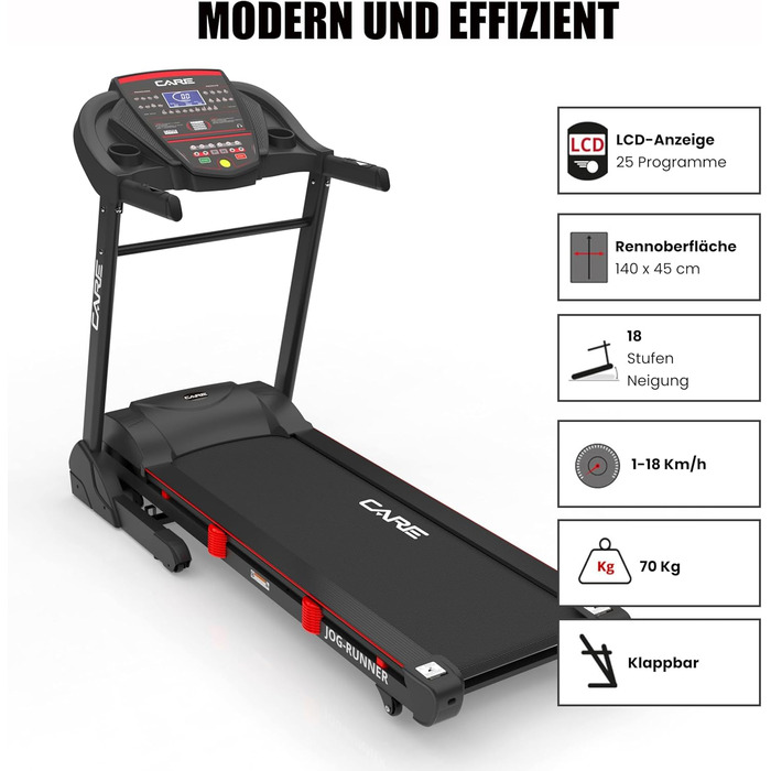 Бігова доріжка CARE FITNESS Jog Runner з регулюванням нахилу та складною конструкцією – до 18 км/год, 18 рівнів нахилу, 25 програм