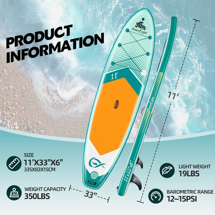 SUP-дошка InnoExpo надувна з аксесуарами, широка, стабільна, для підлітків та дорослих (м'ятний колір, з каяковим сидінням, 335x83x15 см)