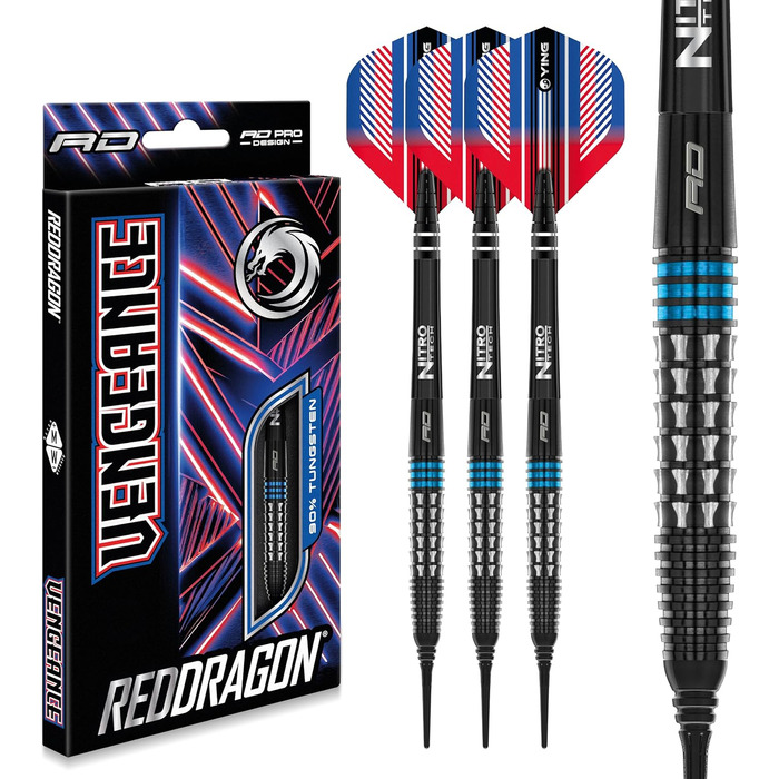 Дротики Red Dragon Vengeance Premium Wolfram Softip 20 г з оперенням і стрижнями