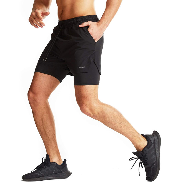 Чоловічі спортивні шорти для бігу 2 в 1, швидковисихаючі, легкі, для тренувань, гімнастики, аутдору, марафону, чорного кольору