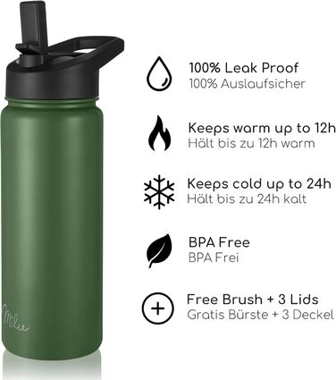 Термос Milu з нержавіючої сталі 500мл, 750мл, 1л (+3 кришки) з трубочкою, ізольована, подвійні стінки, для газованої води (0,5л), оливковий колір