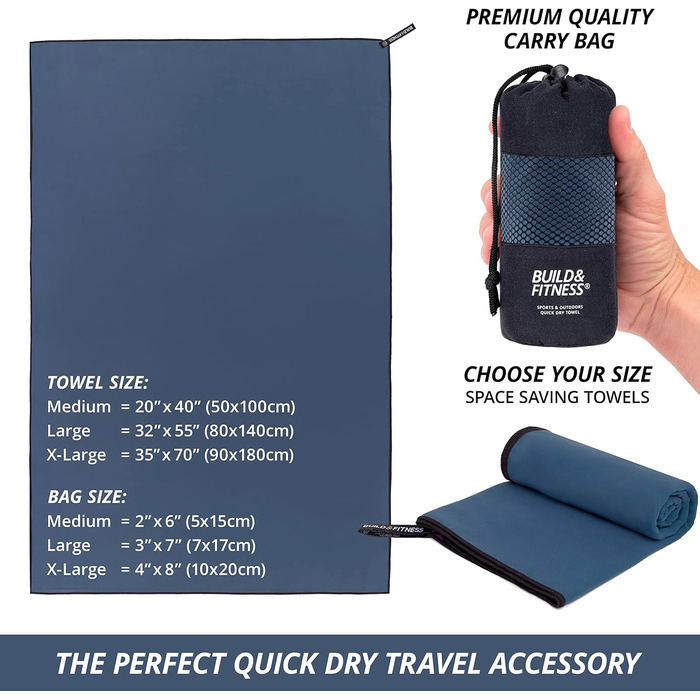 Рушник мікрофібра Build & Fitness: Швидковисихаючий, компактний, надзвичайно поглинаючий, легкий. Ідеальний для подорожей, пляжу та спорту (180x90 см, темно-синій)