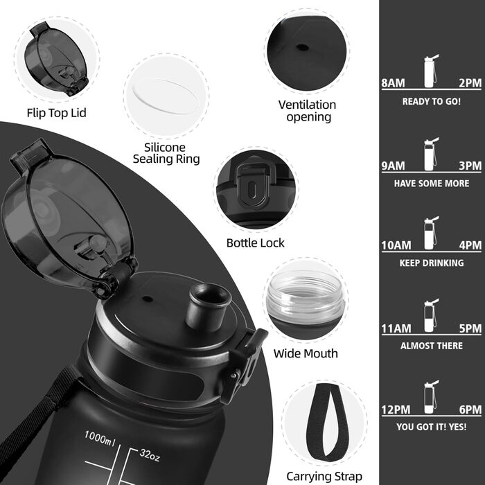 Фляга для води HoneyHolly 1л з фільтром, з маркуванням часу, чорно-червона, для спорту, вело, йоги, активного відпочинку